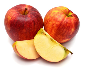 Red apples and slice isolated on white background. Perfectly retouched, full depth of field on the photo. Creative idea fruit juice and drink. Top view, flat lay