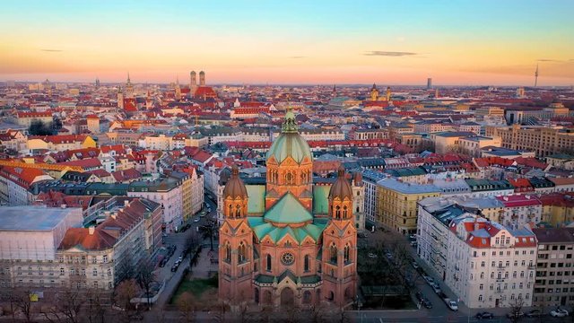 Aerial Munich germany city skyline view from top, fly over old town view of frauenkirche church tv tower town hall and marienplatz.