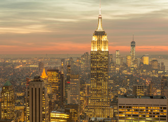 Night view of New York Manhattan during sunset