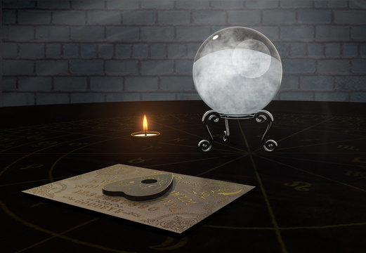 Ouija and Forecast crystal ball in quiet room under the candle andle and the moon light,3d rendering illustration.