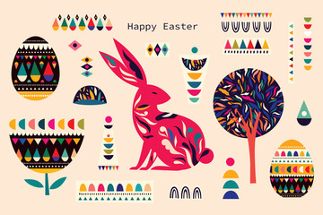 Colorful illustration with hare and easter eggs. Happy easter greeting card with decorative easter bunny © moleskostudio