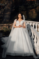 Beautiful bride in a white dress goes down the stairs. Bride with elegant makeup and hairstyle. Beauty, fashion. Happiest bridal day. Enjoy every moment. Autumn 