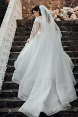 A bride in a dress climbs the stairs. Beautiful lady in a luxurious dress climbing the stairs. Graceful bride climbs stairs in a wedding day in autumn. Makeup and hairstyle in bride