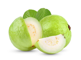 Guava fruit with leaf isolated on white background