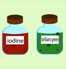 Jar of iodine and a jar of brilliant green herbs for wound healing. Vector illustration
