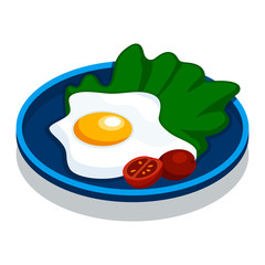 Fried egg in a plate. Icon. Isometric vector.