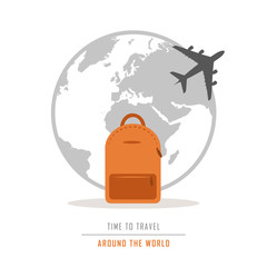 time to travel around the world with backpack and plane vector illustration EPS10