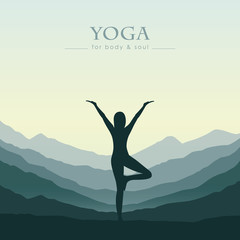 Fototapeta na wymiar girl makes yoga on green mountain landscape vector illustration EPS10