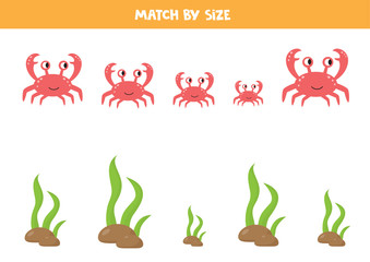 Matching game for kids. Sea animals. Sort by size. Crab and algae.