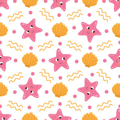 Cute seamless pattern with starfish and seashells.