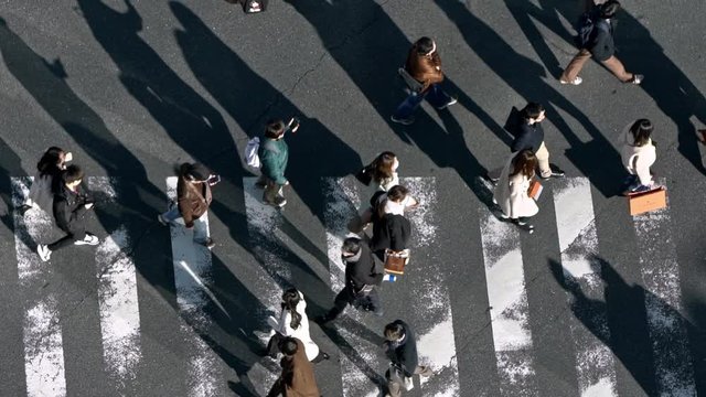 Slow motion of elevated view over a crowd pedestrian crossing in road intersection with light of a sunset. Aerial view of asian people in busy scramble crosswalk.-Dan