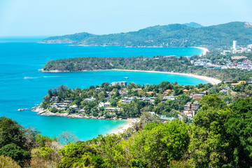 Fototapeta na wymiar View point of Karon Beach, Kata Beach and Kata Noi in Phuket, Thailand. Beautiful turquoise sea and blue sky from high view point. Holiday vacations concept.