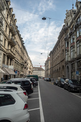 Beautiful street view with europe style buildings , background , copy space , Zurich , Switzerland