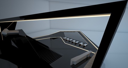 Abstract architectural black and white interior of a modern villa with neon lighting. 3D illustration and rendering.