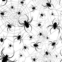 Halloween seamless pattern of black spider silhouette and cobweb with white background vector colorful illustrations