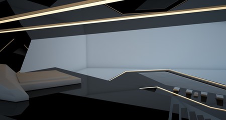 Abstract architectural black and white interior of a modern villa with neon lighting. 3D illustration and rendering.