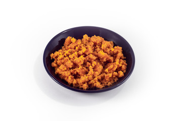 Fried granular caviar of freshwater fish ( crucian carp) in a plate on a white background