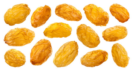 Yellow raisins isolated on white background, close up
