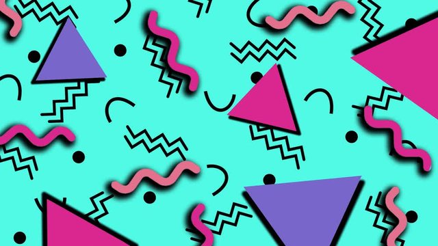 Retro abstract 80's 90's design pattern background. Memphis style with geometrical shapes of different vintage colors. Seamless 4k pop art design that can be set in a loop.
