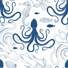 Photo sur Plexiglas Animaux marins Modèle sans couture de vecteur fragmentaire poulpe calmar cheval de mer. Toile de fond d& 39 illustration linéaire d& 39 encre bleue classique de créatures sous-marines. Textile de surface élégant pour animaux de l& 39 océan, conception de papier peint