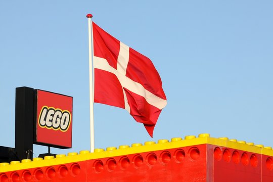 Billund, Denmark - November 12, 2015: Lego logo on a building. Lego is a line of plastic construction toys that are manufactured by the danish Lego Group