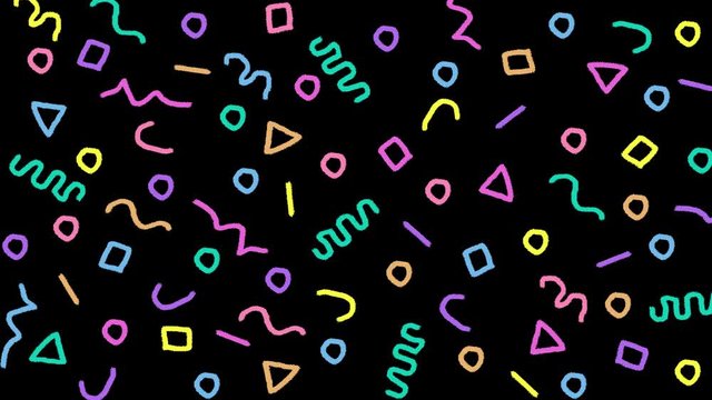 Retro abstract 80's 90's design pattern background. Memphis style with hand-drawn geometrical shapes of different vintage colors. Seamless 4k pop art design that can be set in a loop.