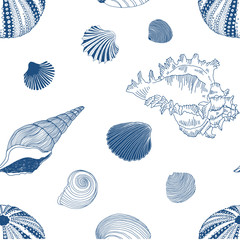 Shell collection sketchy vector seamless pattern. Underwater creatures classic blue inky linear illustration backdrop. Elegant ocean animals surface textile, wallpaper design