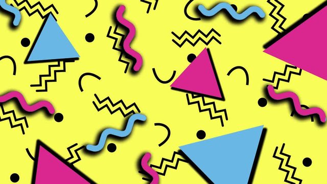 Retro abstract 80's 90's design pattern background. Memphis style with geometrical shapes of different vintage colors. Seamless 4k pop art design that can be set in a loop.