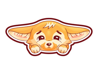 Funny fennec fox  looks with sadness  with head  on his paws. Cute kawaii cartoon character with edge-point linking of whole image for using as a sticker, etc. Funny emotion and face expression