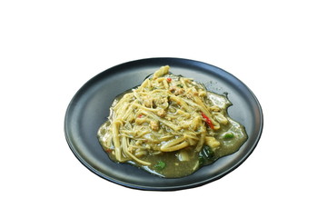 spicy fried sloce bamboo shoot with minced pork in gravy sauce on dish