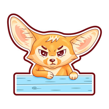 Funny fennec fox  standing by the blue painted fence and looking severely. With edge-point linking of whole image for using as a sticker, etc. Cute cartoon character.