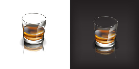 Transparent glass of scotch whiskey or rum with ice cubes realistic set