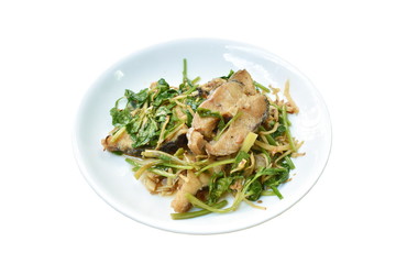 deep fried slice striped snake head fish with ginger and celery on dish