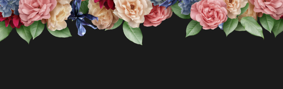 Floral banner, header with copy space. White roses, dark red dahlia, blue hydrangea and clematis isolated on dark background. Natural flowers wallpaper or greeting card.