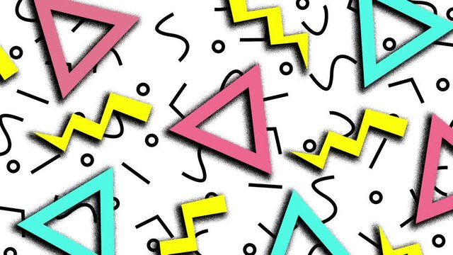 Retro abstract 80's 90's design pattern background. Memphis style with geometrical shapes of different vintage colors. Seamless 4k pop art design that can be set in a loop.