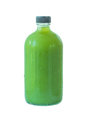 Green drink from fruite and vegetable in glass bottle with white background for healthy issue.
