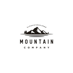 Fototapeta na wymiar Sea or Lake Forest Mountain Landscape Silhouette logo design