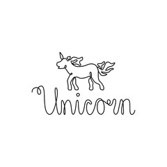 Unicorn continuous line drawing, hand lettering, small tattoo, print for clothes and logo design, emblem or logo design, silhouette one single line on a white background, isolated vector.