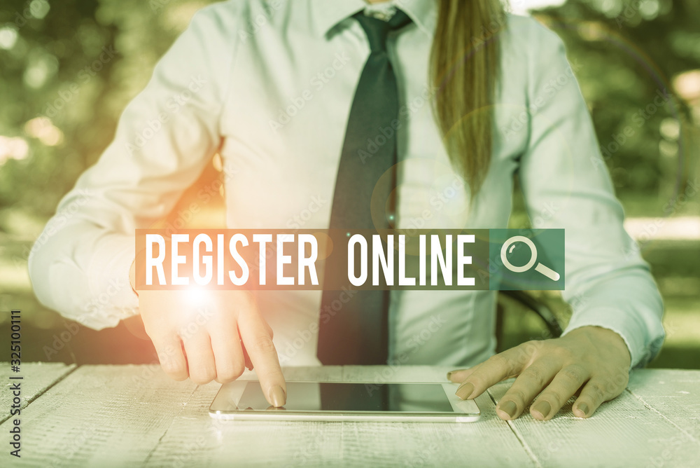 Aufkleber writing note showing register online. business concept for system for subscribing or registering via