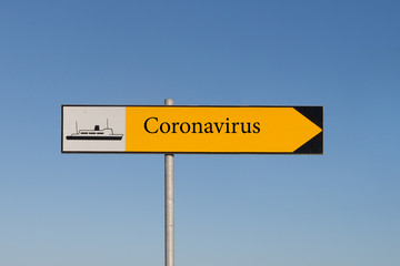 Hazard warning yellow quarantine ship sign with coronavirus inscription. Coronavirus - quarantine infectious disease concept