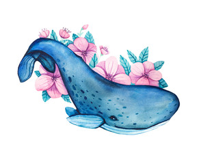 Watercolor hand-drawn humpback whale illustration , playful, happy mammal. Character, logo, children wallpaper. Marine clip art. Ocean, sea inhabitant. Whale with pink flowers and green leaves.
