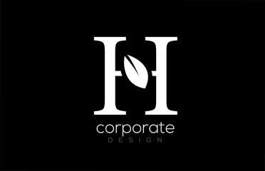 black and white H letter alphabet leaf logo icon design for company and business
