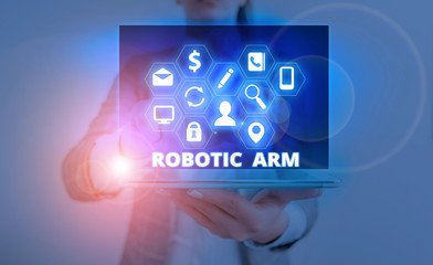 Word writing text Robotic Arm. Business photo showcasing programmable mechanical arm with similar function of a huanalysis arm