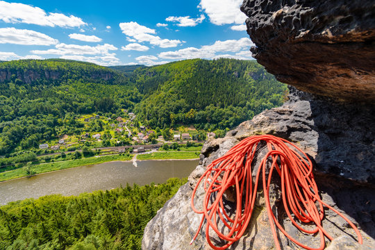 Dolni Zleb village from sandstone tower above, Elbe river valley, Saxon-Bohemian sandstone region, Bohemian Switzerland, Czech republic