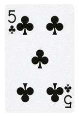 Five of Clubs playing card - isolated on white (clipping path included)