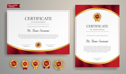 Red and gold certificate of achievement border template with luxury badge and modern line pattern. For award, business, and education needs