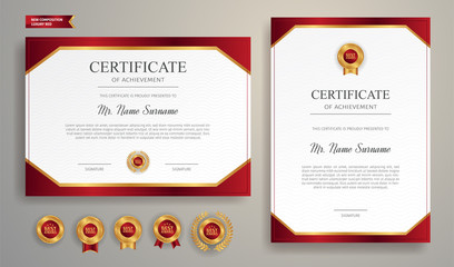 Red and gold certificate of achievement border template with luxury badge and modern line pattern. For award, business, and education needs