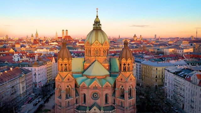 Munich skyline aerial view from above, Drone video of munchen old town view of church, frauenkirche, town hall and tv tower.