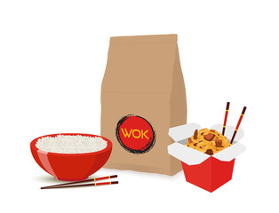 Vector Asian fast-food delivery - wok, ramen food, noodles