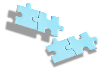 Fototapeta premium Four blue puzzle with shadow on white background, business productive concept and winner idea